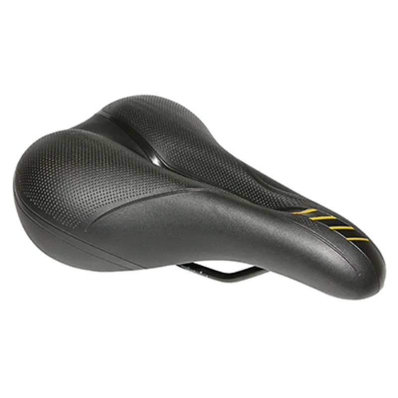 SELLE XINDA VTT CONFORT JUNIOR XD803 NOIR DECO ORANGE 250x165mm AVEC TROU CENTRAL RAIL ACIER NOIR