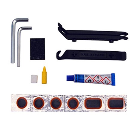 KIT REPARATION CHAMBRE A AIR WELDTITE VTT AVEC OUTILS - BOITE (4 PATCHS 18mm   2 PATCHS 28x18mm   COLLE 5g   PAPIER PONCE  