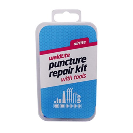 KIT REPARATION CHAMBRE A AIR WELDTITE VTT AVEC OUTILS - BOITE (4 PATCHS 18mm   2 PATCHS 28x18mm   COLLE 5g   PAPIER PONCE  