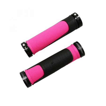 POIGNEE VTT PROGRIP 997 DOUBLE DENSITE OPEN END AVEC LOCK ON NOIR-FUSCHIA 130mm (LIVRE AVEC EMBOUTS) (PAIRE)