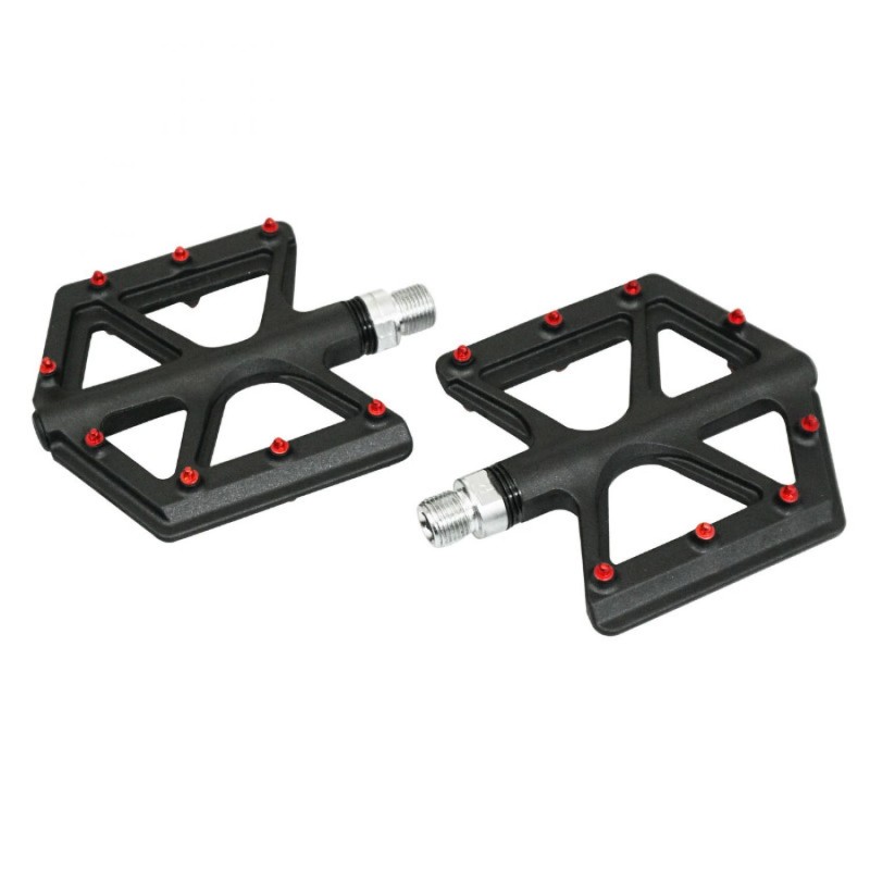 PEDALE BMX-VTT DESCENTE P2R NOIR ALU-FIBRE DE CARBONE FILETAGE 9-16 AVEC PICOTS ROUGE  (PAIRE)