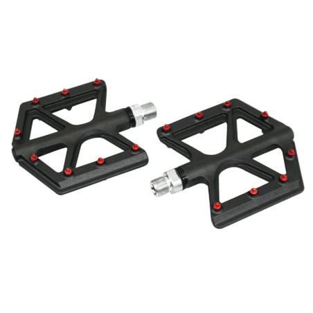 PEDALE BMX-VTT DESCENTE P2R NOIR ALU-FIBRE DE CARBONE FILETAGE 9-16 AVEC PICOTS ROUGE  (PAIRE)
