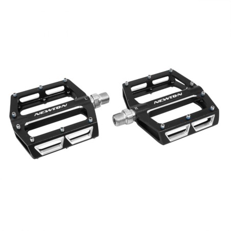 PEDALE VTT DESCENTE - BMX NEWTON NOIR A ROULEMENTS ALU CNC FILETAGE 9-16 AVEC PICOTS ARGENT (PAIRE) 108x98mm