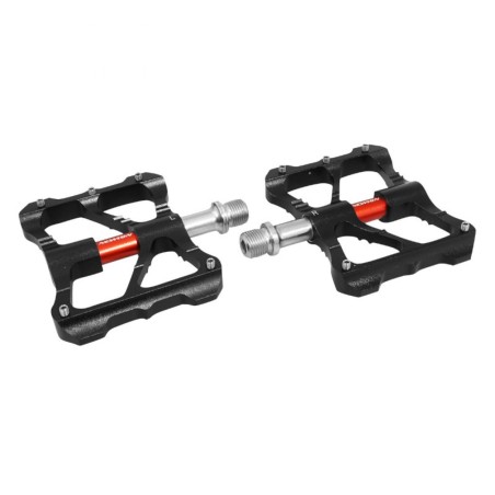 PEDALE VTT DESCENTE - BMX NEWTON NOIR AXE ROUGE A ROULEMENTS ALU CNC FILETAGE 9-16 AVEC PICOTS ARGENT (PAIRE)