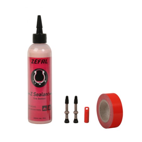 KIT CONVERSION AVEC PREVENTIF ZEFAL Z-SEALANT DE TUBETYPE EN TUBELESS (240ml) AVEC FOND DE JANTE ADHESIF 9M x 36mm ET 2 VALVES