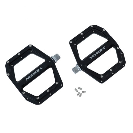 PEDALE VTT DESCENTE - BMX NEWTON NOIR A ROULEMENTS ALU CNC FILETAGE 9-16 AVEC PICOTS ARGENT DEMONTABLE (PAIRE)  120x108mm