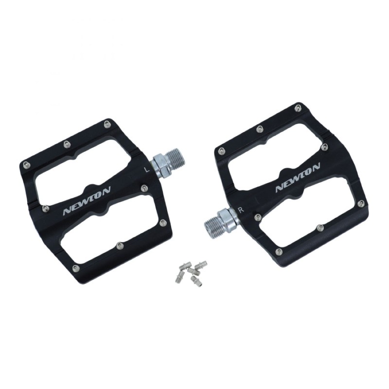 PEDALE VTT DESCENTE - BMX NEWTON NOIR A ROULEMENTS ALU CNC FILETAGE 9-16 AVEC PICOTS ARGENT DEMONTABLE (PAIRE)  115x97mm