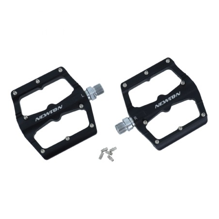 PEDALE VTT DESCENTE - BMX NEWTON NOIR A ROULEMENTS ALU CNC FILETAGE 9-16 AVEC PICOTS ARGENT DEMONTABLE (PAIRE)  115x97mm