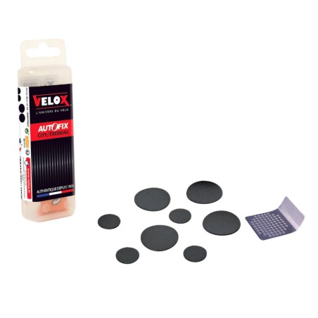 KIT REPARATION CHAMBRE A AIR VELOX AUTOCOLLANTES - BOITE (4 PATCHS 25mm   4 PATCHS 15mm   RAPE ACIER) AVEC NOTICE