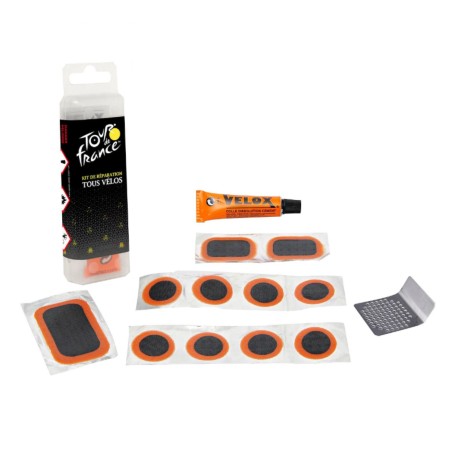 KIT REPARATION PNEU ROUTE-CITY-VTT TOUR DE FRANCE - BOITE (11 PATCHS   COLLE 10g   RAPE ACIER) AVEC NOTICE