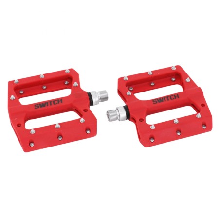 PEDALE VTT DESCENTE - BMX SWITCH JUMP ROUGE RESINE FILETAGE 9-16 AVEC PICOTS ARGENT (PAIRE)