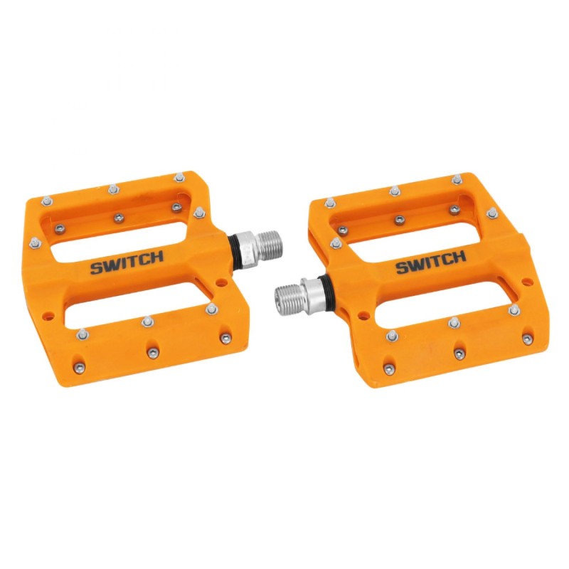 PEDALE VTT DESCENTE - BMX SWITCH JUMP ORANGE RESINE FILETAGE 9-16 AVEC PICOTS ARGENT (PAIRE)
