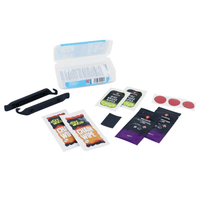 KIT ENTRETIEN WELDTITE AVEC RUSTINES ET DEMONTES PNEU, 2 SACHETS 5mL LUBRIFIANTS TEFLON, 2 LINGETTES NETTOYANTS CHAINE ET 2