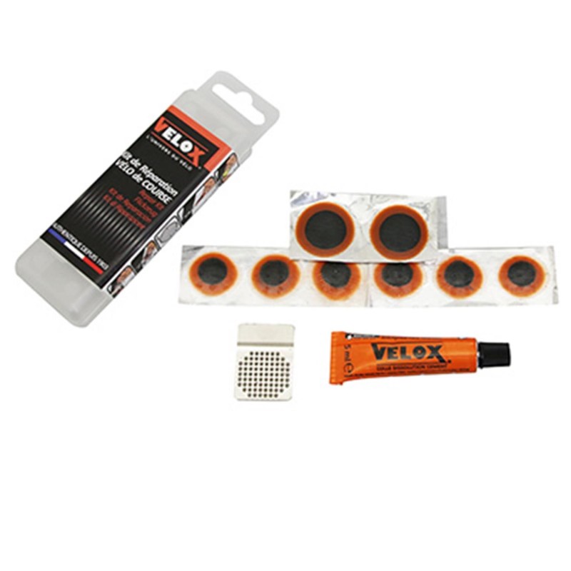 KIT REPARATION CHAMBRE A AIR VELOX ROUTE  - BOITE (6 PATCHS 15mm   2 PATCHS 25mm   COLLE 5g   RAPE ACIER) AVEC NOTICE