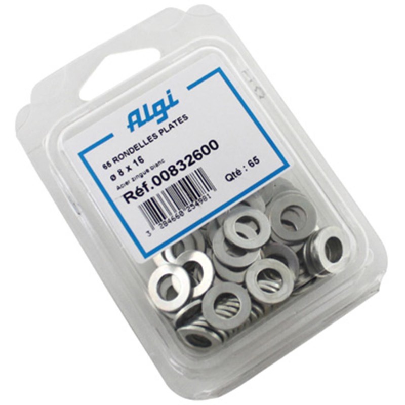 RONDELLE PLATE ACIER DIAM  8x16  (BLISTER DE 65)  (00832600)  -ALGI-