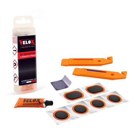 NECESSAIRE REPARATION VELOX  (6 RUSTINES   TUBE DISSOLUTION COLLE 5 ML   RAPE   2 DEMONTES PNEU)