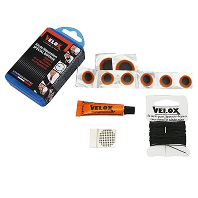 KIT REPARATION BOYAUX - BOITE (6 PATCHS 15mm   2 PATCHS 25mm   COLLE 5g   RAPE ACIER) AVEC NOTICE