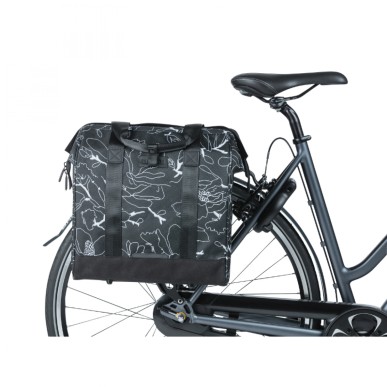 SACOCHE ARRIERE VELO LATERALE BASIL GRAND TARPAULIN SHOPPER NOIR DECO BLANC DROIT-GAUCHE WATERPROOF 23L (34x19x35cm)